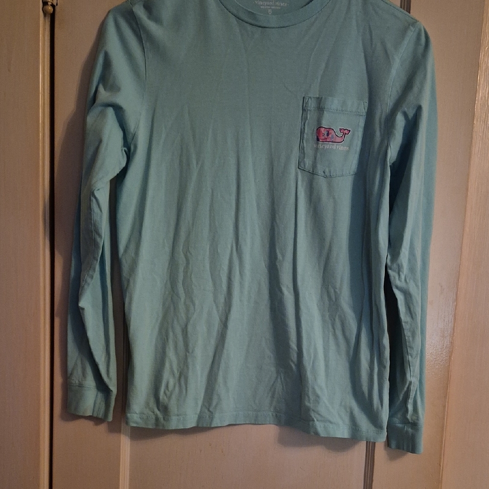 Vineyard Vines Light Seafoam Long Sleeve Pocket Tee with Pink Whale
